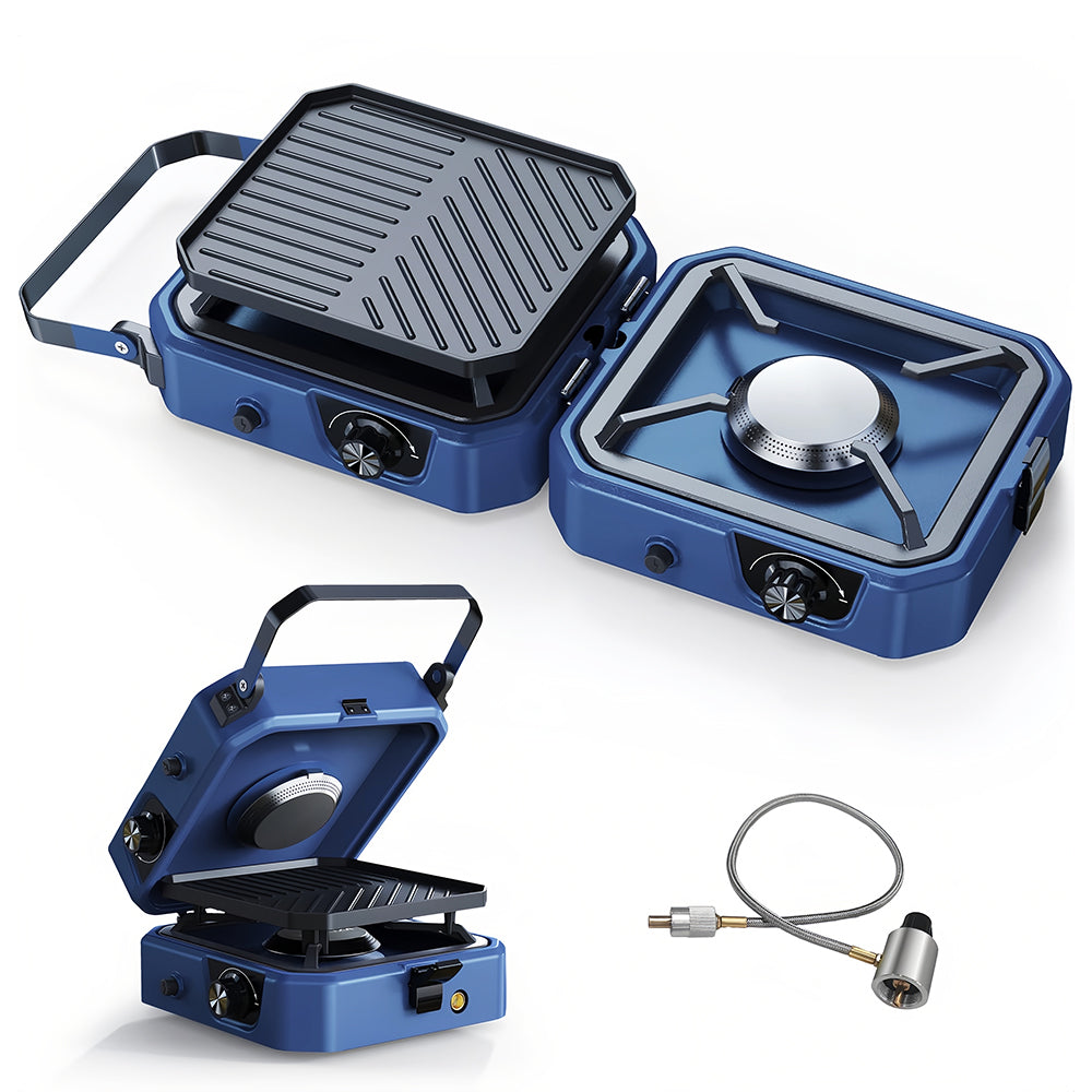 2-Burner 16K BTU Propane Camp Stove w/ Grill - Foldable, Piezo Ignition, Stainless Steel