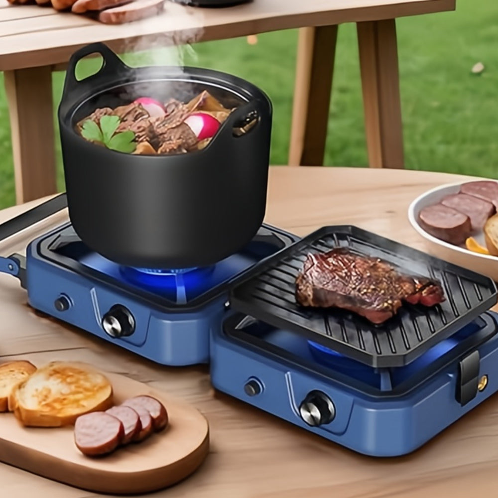 2-Burner 16K BTU Propane Camp Stove w/ Grill - Foldable, Piezo Ignition, Stainless Steel